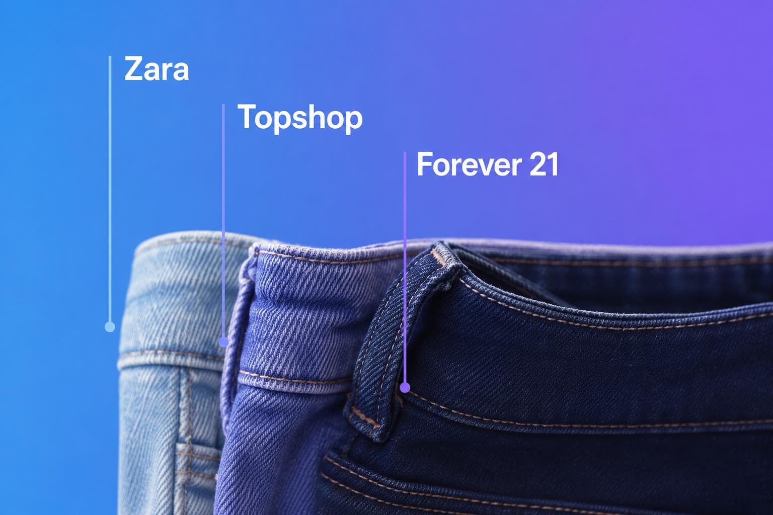 Three pairs of jeans from Zara, Topshop, and Forever 21 showing how brand sizing varies
